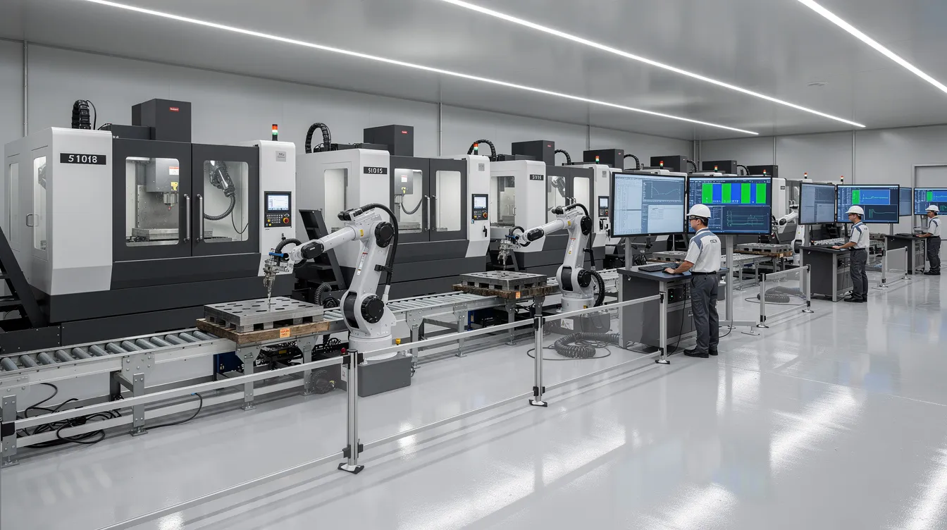 The image shows a spacious and modern factory floor featuring multiple CNC machines and robotic loading systems, with operators attentively monitoring computer screens. This setup highlights advanced manufacturing technology, emphasizing precision machining and the integration of automation in the machining process.