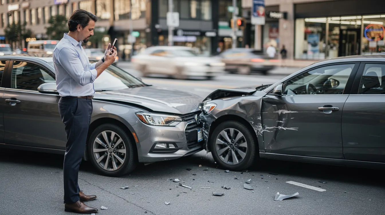 A person is photographing the damage to a vehicle at the scene of a car accident on a busy city street, capturing evidence that may be crucial for car accident claims and insurance company assessments. This image highlights the importance of gathering evidence for personal injury cases and the legal process following motor vehicle accidents.