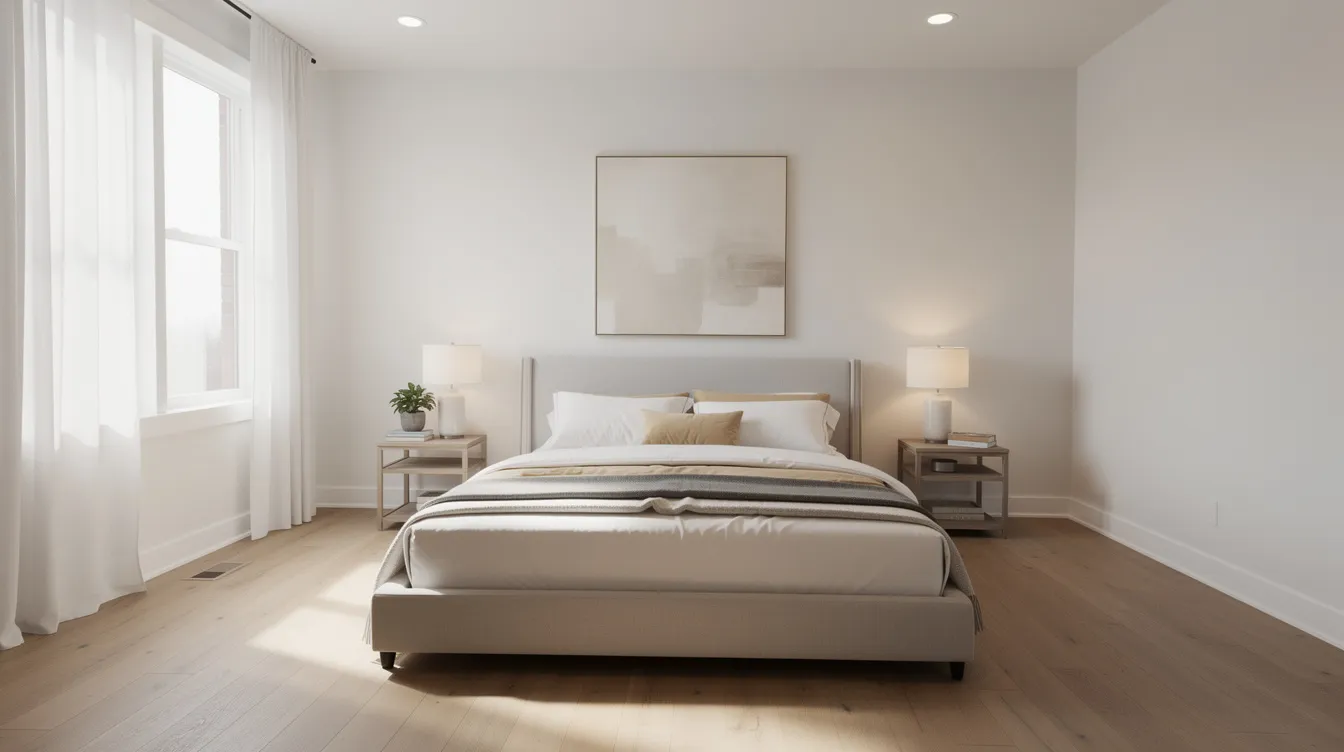 The image depicts a professionally staged vacant townhome bedroom in Denver, featuring neutral bedding and layered lighting that enhance the space's appeal for potential buyers. Minimal accent decor adds a touch of sophistication, making it an inviting setting for an open house or model home showcase.
