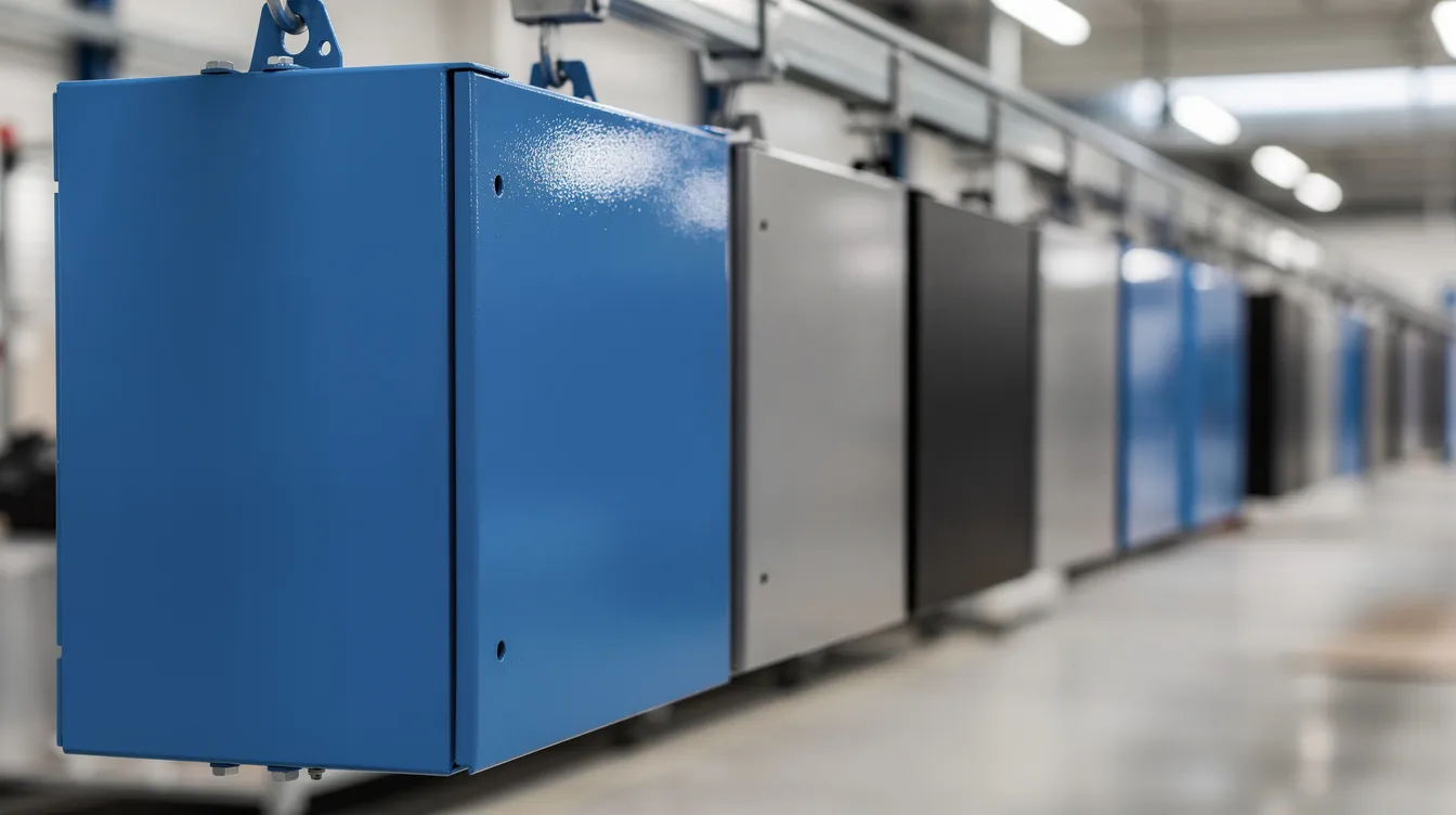 A row of freshly powder-coated metal enclosures in blue, grey, and black hangs on a finishing line, showcasing the consistent quality and corrosion-resistant finish typical of custom metal fabrication services. These enclosures, crafted from thin metal sheets, reflect the high volume production capabilities of traditional sheet metal shops.