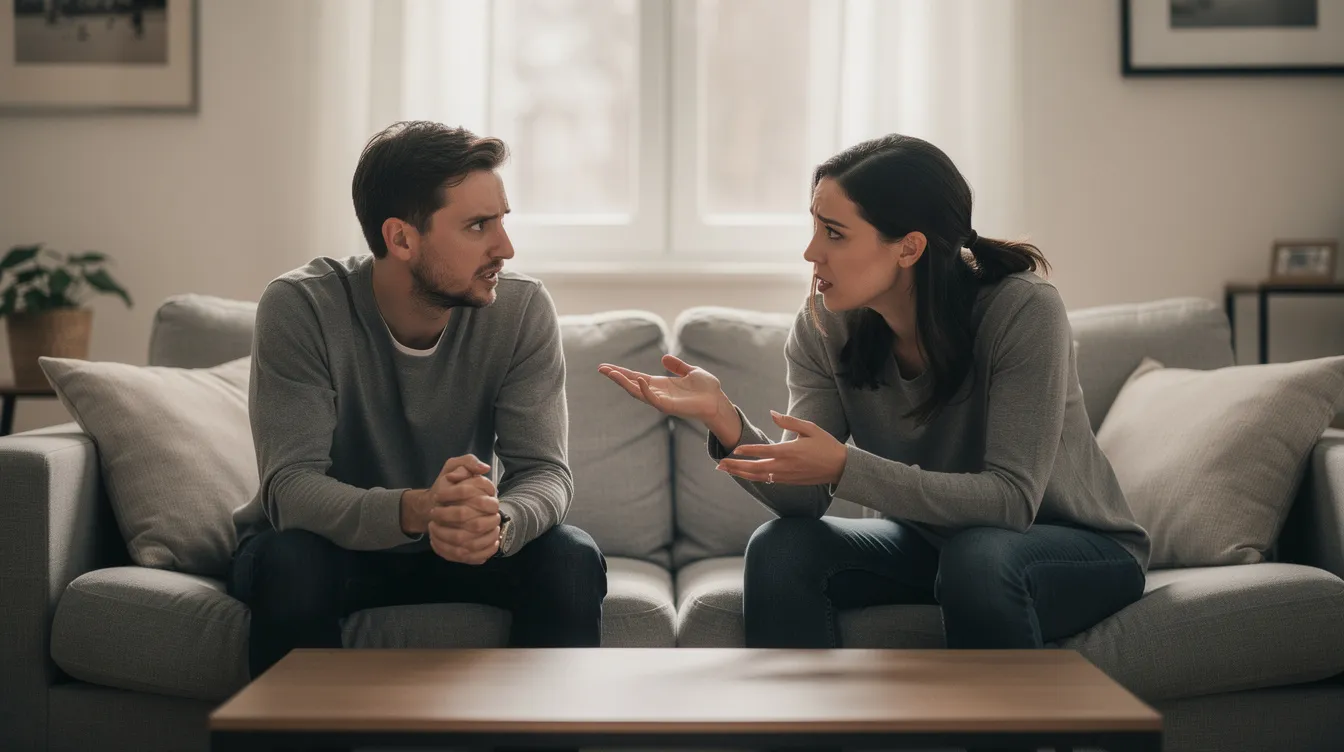 A couple sits closely on a couch, engaged in a serious conversation, reflecting on their feelings and relationship dynamics. Their expressions suggest they are discussing important topics about their future together, exploring compatibility and the emotional aspects of their partnership.