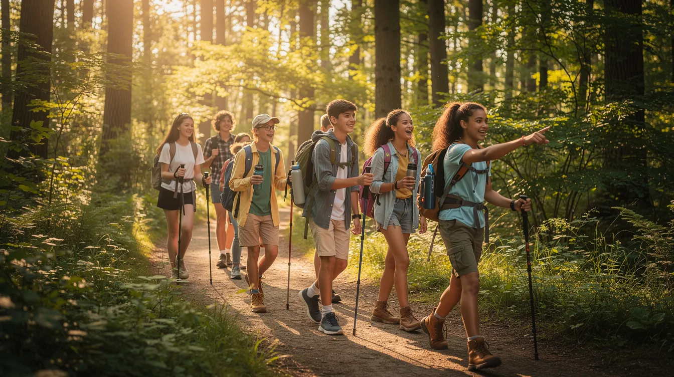 A group of teenagers is enjoying an outdoor adventure activity, hiking together on a scenic nature trail, which fosters positive interactions and strengthens peer relationships. Engaging in such activities can be beneficial for adolescents, especially those dealing with oppositional defiant disorder, as it promotes teamwork and coping strategies in a supportive environment.