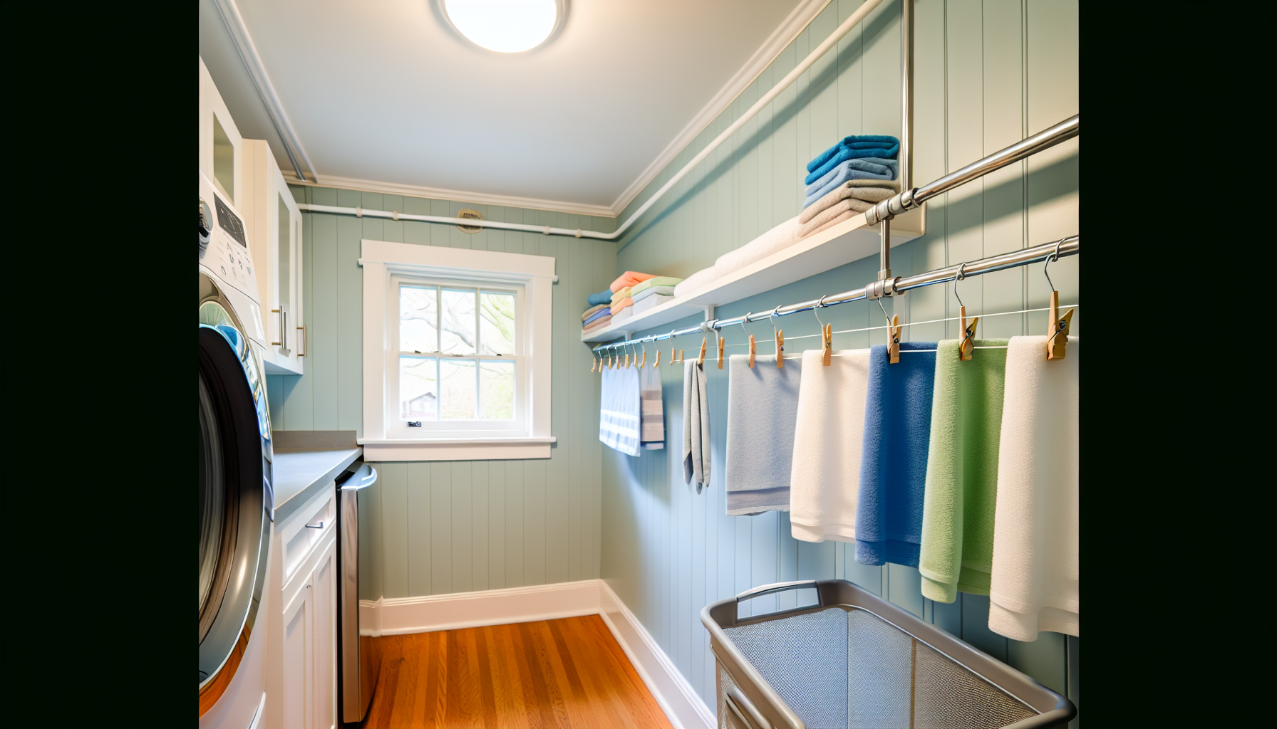 Retractable clothesline and wall-mounted rods in a laundry room