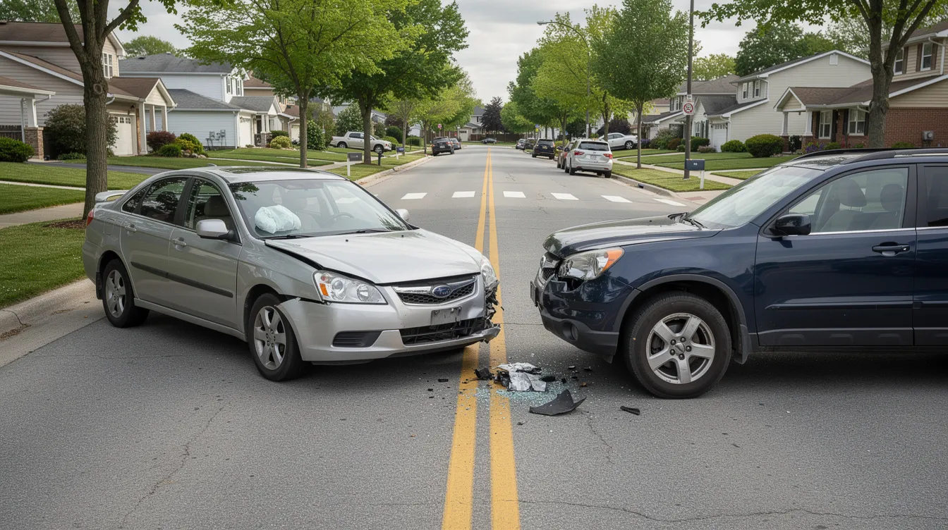 The image depicts a car collision scene on a suburban street, featuring two damaged vehicles involved in an accident. This situation highlights the importance of having adequate car insurance coverage, as it can help cover damages and medical bills for those involved in the crash.