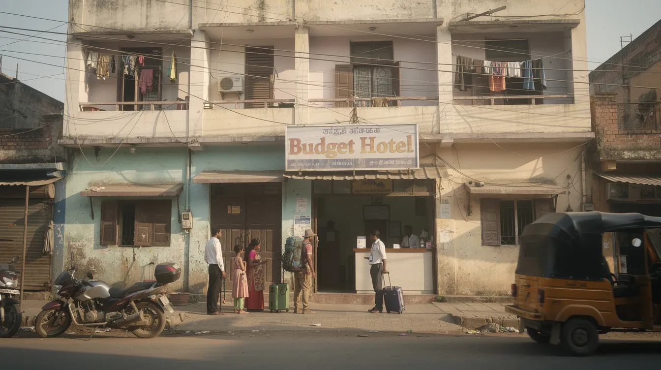 ffa5ad33 cde8 4802 8d52 f265702236f1 The image depicts a small budget hotel building in an Indian town, with a few guests near the entrance, reflecting a modest occupancy rate. This setting is crucial for understanding the hotel's financial health, as each occupied room contributes to covering fixed and variable costs, impacting the overall room revenue and break even analysis.