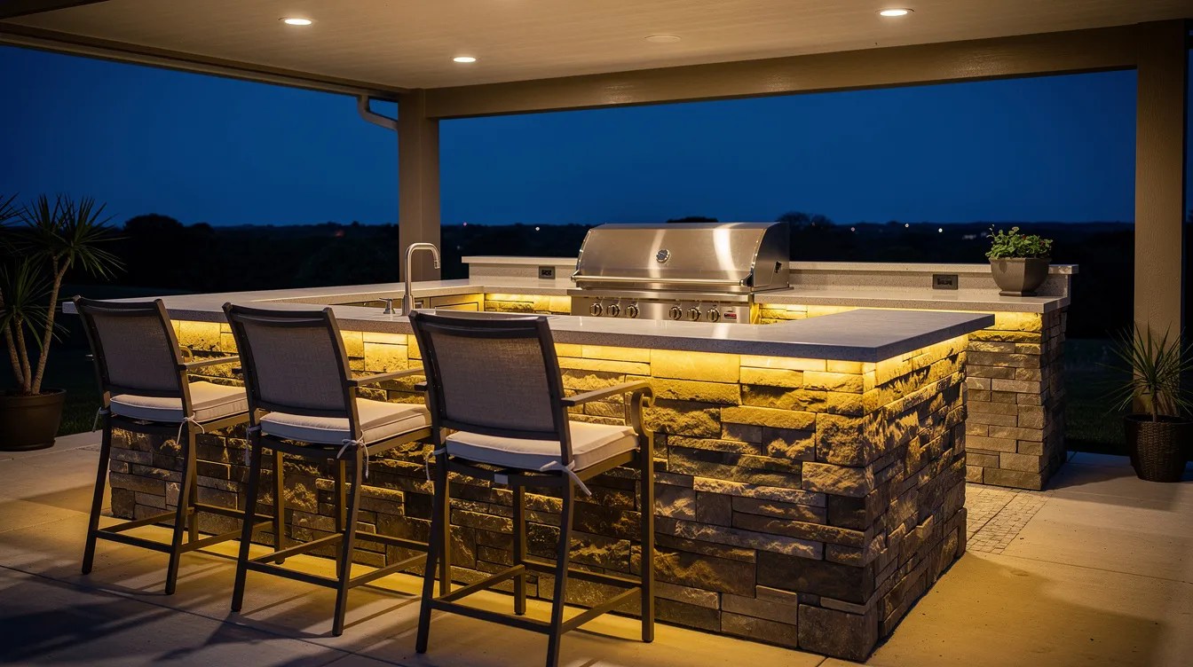 The image features a stylish built-in outdoor kitchen, complete with a stainless steel grill and elegant stone countertops, accompanied by bar stools under a covered patio. The warm lighting at dusk creates a cozy atmosphere, perfect for outdoor living and entertaining in a beautifully designed backyard space.