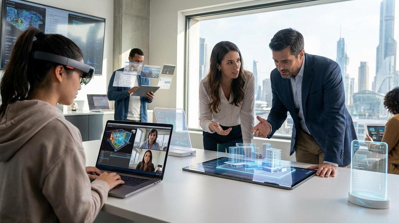 Students and professionals accessing cloud-based learning environments from laptops and tablets, featuring interactive virtual labs, multiple application windows, and real-time collaboration, futuristic educational technology.