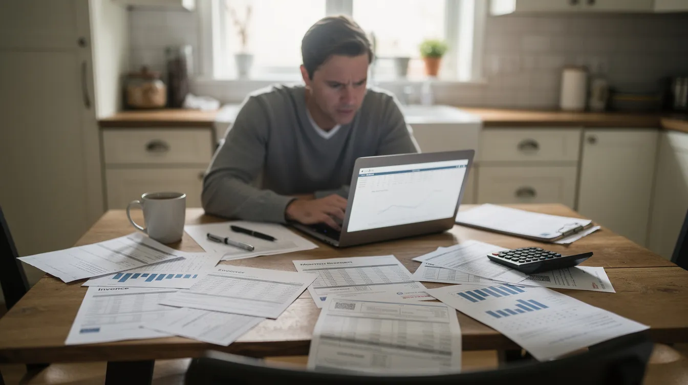A person is seated at a kitchen table, focused on their laptop while surrounded by financial documents, likely related to small business loans and funding options. The scene captures the essence of a small business owner managing their finances and exploring various loan programs to support business growth.