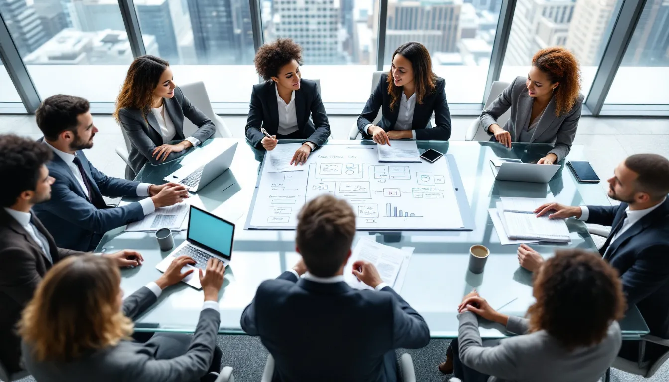 In a professional team meeting, a diverse group of employees collaborates on developing business strategies, discussing important decisions related to business valuation methods and future cash flows to enhance the company's market value. The atmosphere is focused and engaged, highlighting the significance of teamwork in determining the enterprise value and planning for future profits.