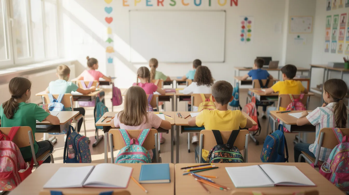Na obrazie widać dzieci w wieku szkolnym siedzące przy biurkach w jasnej klasie szkoły podstawowej, z plecakami i zeszytami. Uczniowie są zaangażowani w lekcje, które mogą obejmować przedmioty takie jak język polski, matematyka czy wychowanie fizyczne.