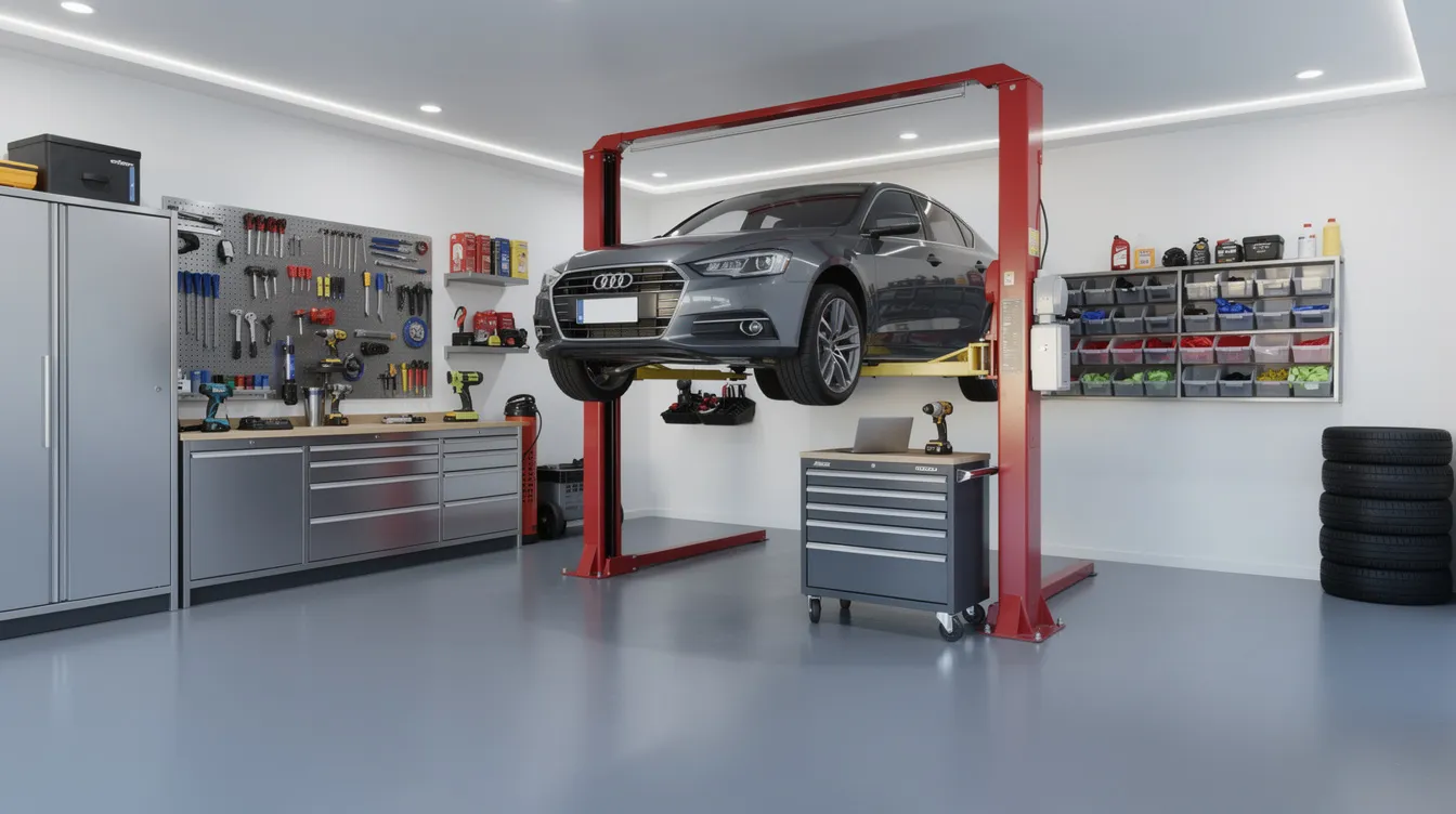 The image depicts a modern finished garage featuring a vehicle lift, an array of professional tools, and an organized workspace, ideal for enhancing functionality and protecting valuable equipment. This setup exemplifies how homeowners can ensure their detached garage is fully protected under their homeowners insurance policy, addressing coverage gaps and providing peace of mind for both personal property and business use.