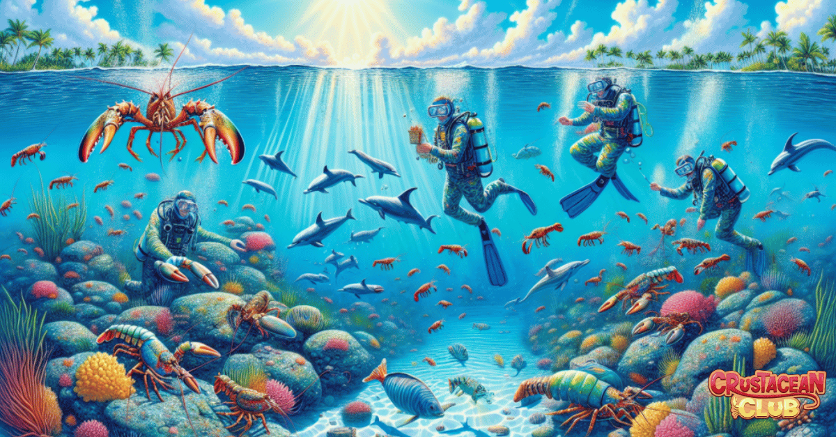 Whimsical illustration of lobster fishing in South Florida