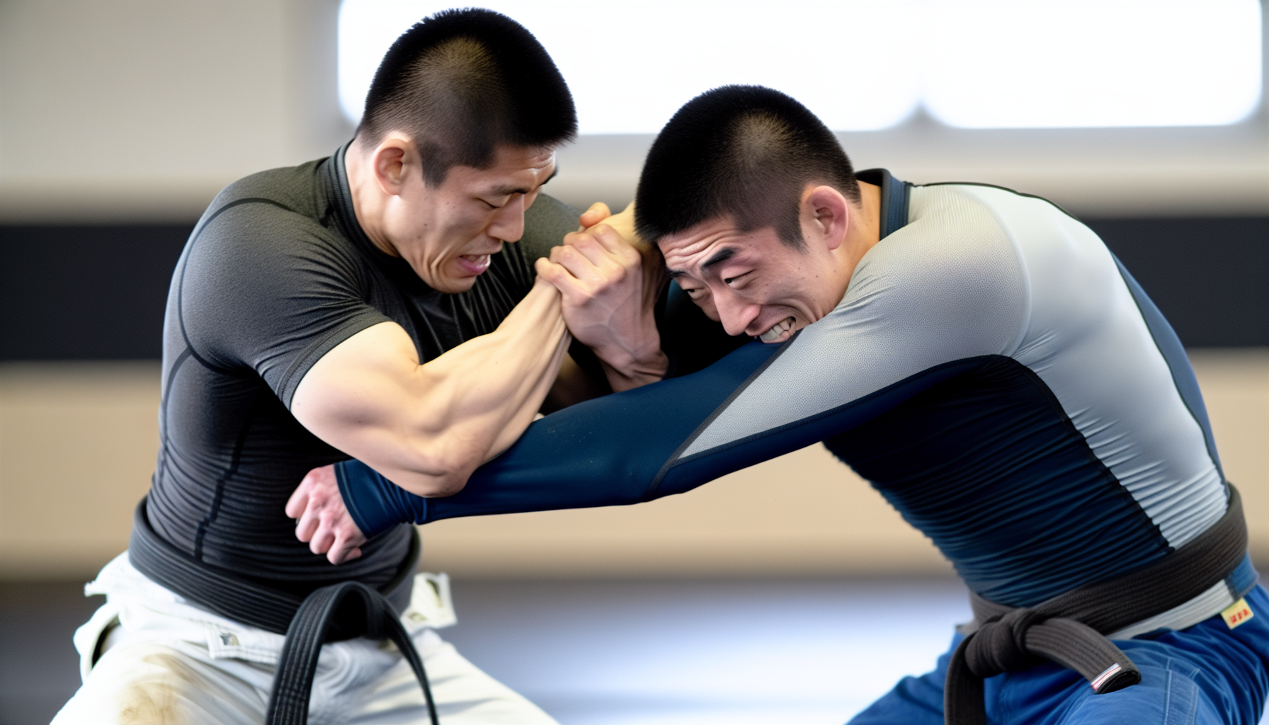 Two jiu-jitsu male practioners battling in no-gi
