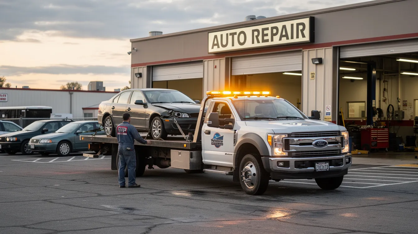 A tow truck is arriving at an auto repair facility, ready to assist with vehicles in need of service. The scene captures the moment of delivery, highlighting the importance of having proper insurance coverage, such as automobile liability and general liability, for the vehicles being towed.