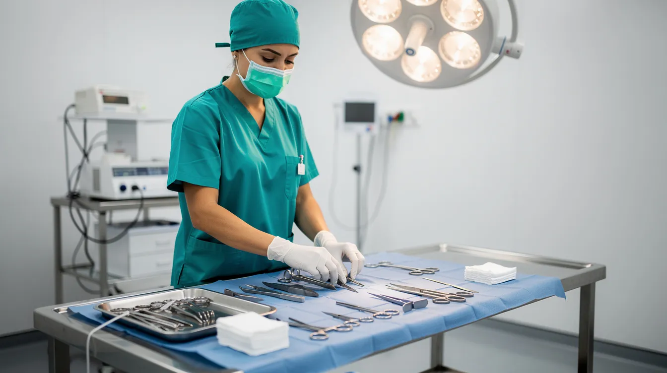 A medical professional in scrubs is meticulously preparing a sterile surgical tray in a clean clinical environment, ready for a chin liposuction procedure. The setup reflects a focus on safety and precision, essential for effective fat removal and achieving a more defined jawline.