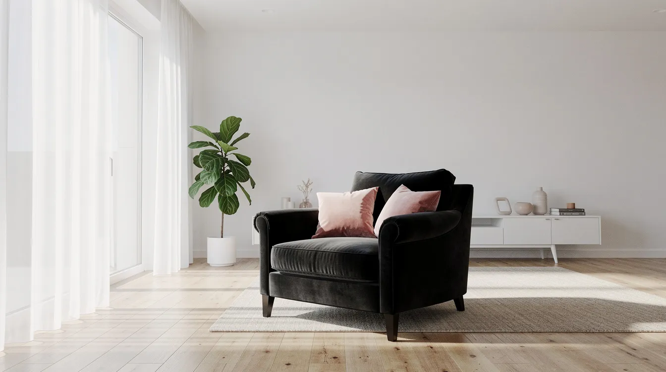 En svart sammetsoffåtlöj med blommiga rosa kuddar står i ett ljust skandinaviskt vardagsrum, vilket ger en modern och tidlös känsla. Rummet är inrett med stiliga möbler som passar bra ihop och skapar en inbjudande atmosfär.