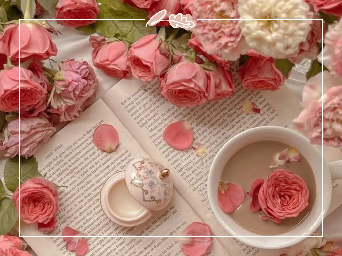 Vintage scene with pink and red garden roses, rose petals, and tea, highlighting the long history of roses in food and fragrance.