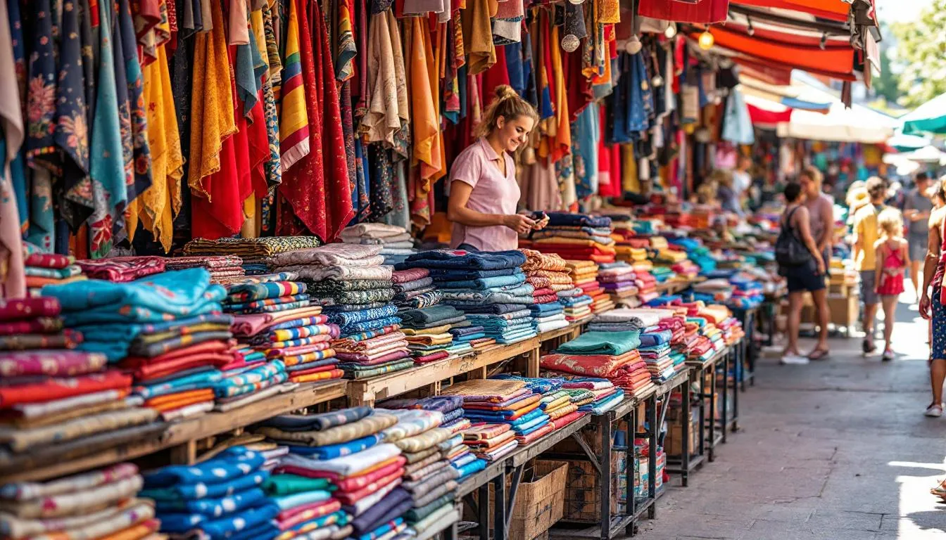 A colorful selection of discount fabrics displayed in a shop.