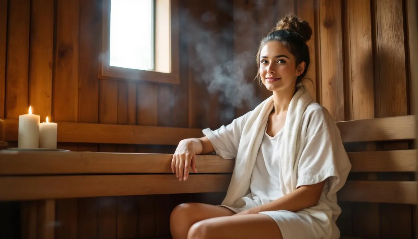 The image depicts a serene sauna environment, featuring wooden benches and soft, ambient lighting, ideal for sauna detox sessions. This space emphasizes relaxation and health benefits, promoting the body's natural detoxification process through infrared heat and sweat, contributing to improved overall well-being.