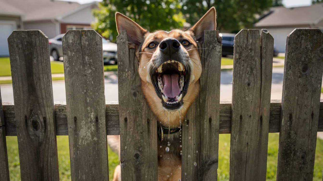 A large dog with a vicious disposition is barking aggressively through a wooden fence in a residential neighborhood, potentially alarming nearby dog owners and residents. This scene highlights the risks of dog bites and the importance of understanding dog bite laws and prevention strategies to protect dog bite victims from serious injuries.