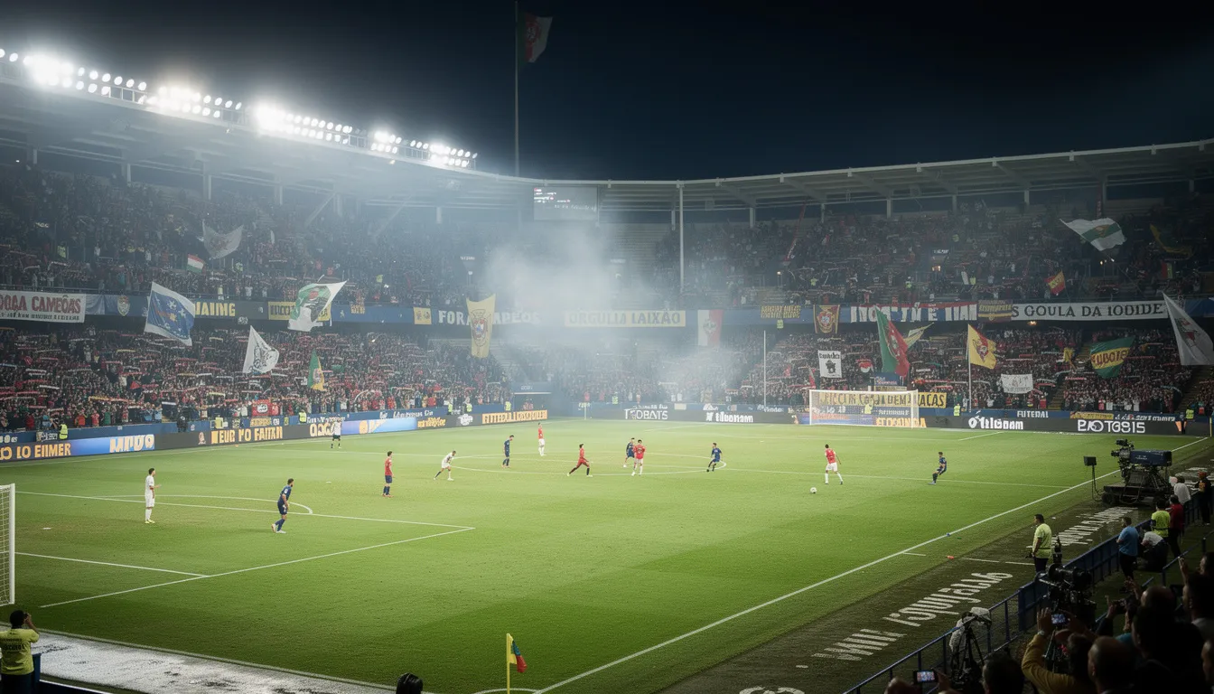 Imagem de um estádio de futebol brilhantemente iluminado durante um jogo noturno, com a atmosfera vibrante de torcedores entusiasmados nas arquibancadas. A cena captura a emoção do desporto, ideal para aqueles que apreciam apostas desportivas e a interação com plataformas de apostas online.