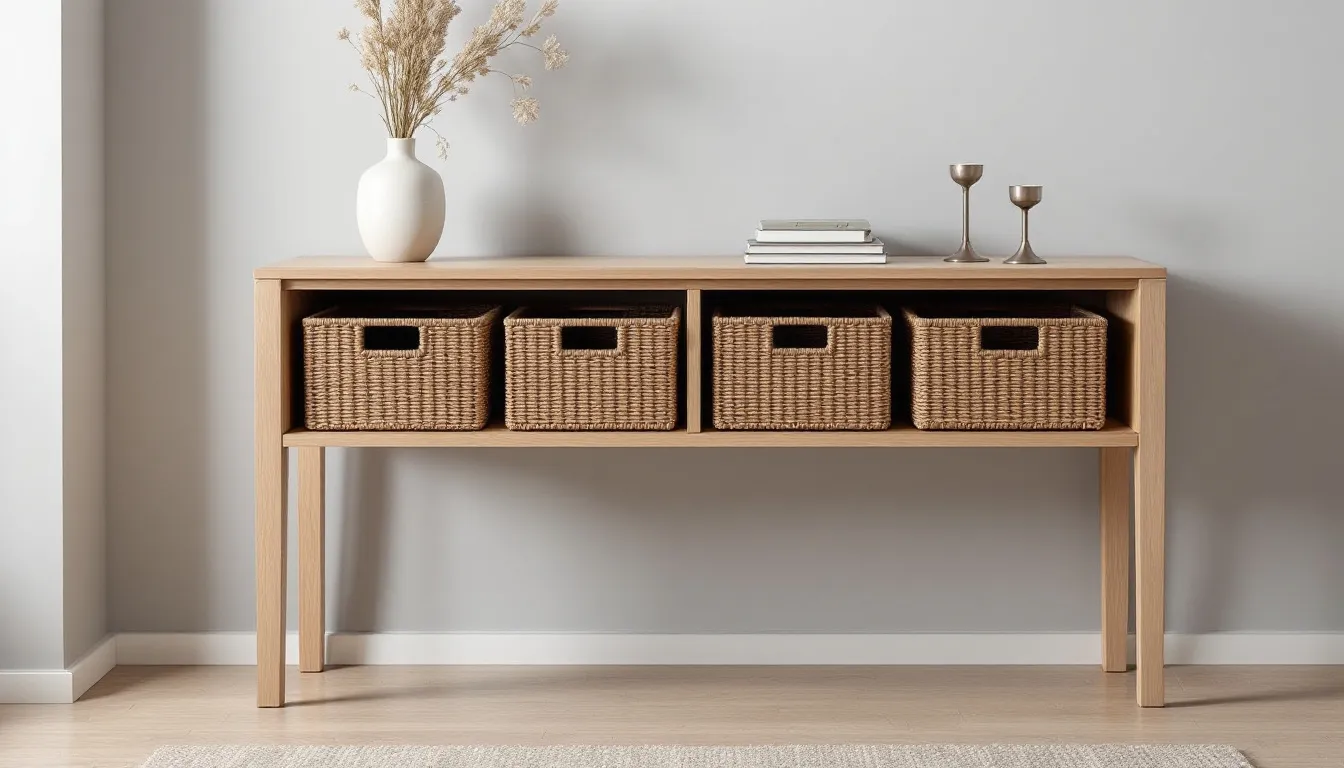 A stylish console table is displayed in a hallway, featuring organized storage with woven baskets and decorative accessories, creating a functional and inviting entryway. The natural look of the table complements the living space, making it an ideal piece for enhancing the ambiance of the room.