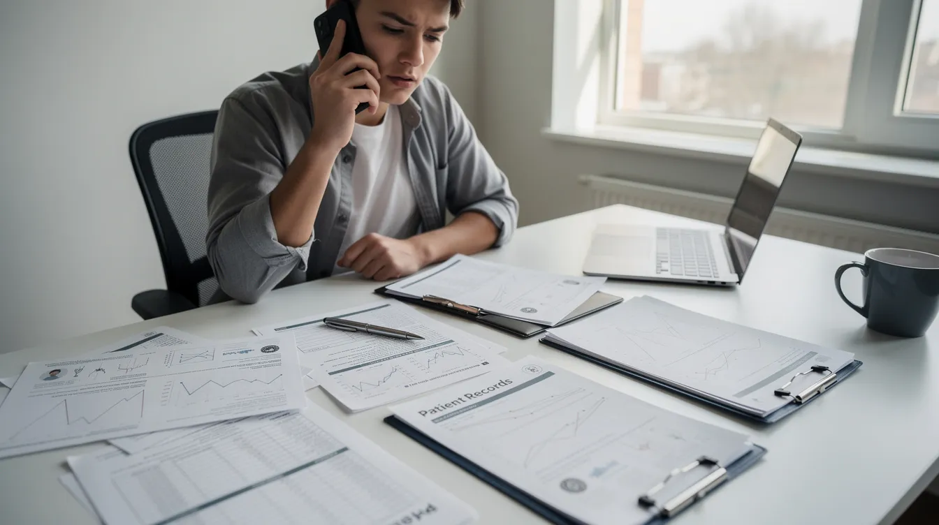 The image shows a person engaged in a phone conversation while examining medical documents spread out on a desk, likely related to their workers compensation claim. This scene reflects the process injured workers go through when dealing with medical treatment and insurance company requirements for workers compensation benefits.