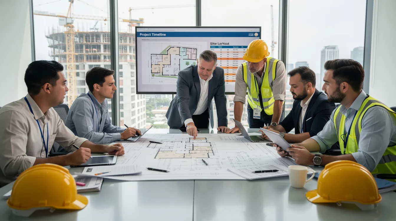 A team of construction professionals is gathered in a conference room, collaboratively reviewing essential documents related to their project. They focus on ensuring compliance with prevailing wage requirements and discussing strategies to mitigate potential risks that could lead to project delays or cost overruns.