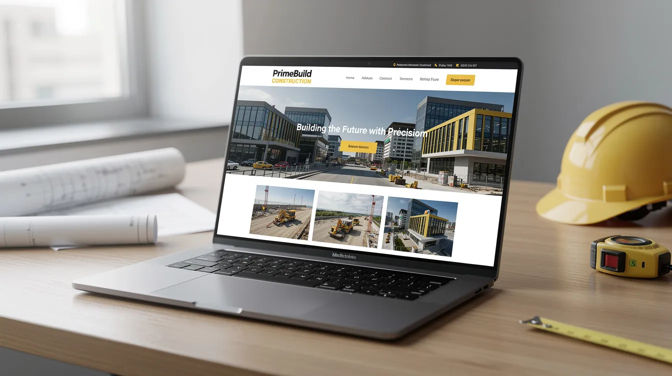 A modern laptop sits on a desk, displaying a professional construction company website featuring high-quality project photography. The site highlights successful projects and marketing materials, emphasizing the importance of brand recognition and effective marketing strategies in the construction industry.