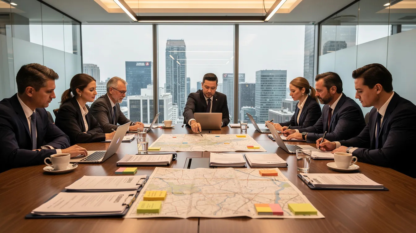 A group of business professionals, including oil and gas attorneys, are gathered around a conference table, intently reviewing legal documents and maps related to oil and gas leases and properties. The atmosphere suggests a focus on negotiation and dispute resolution regarding royalty interests and joint operating agreements in the oil and gas industry.