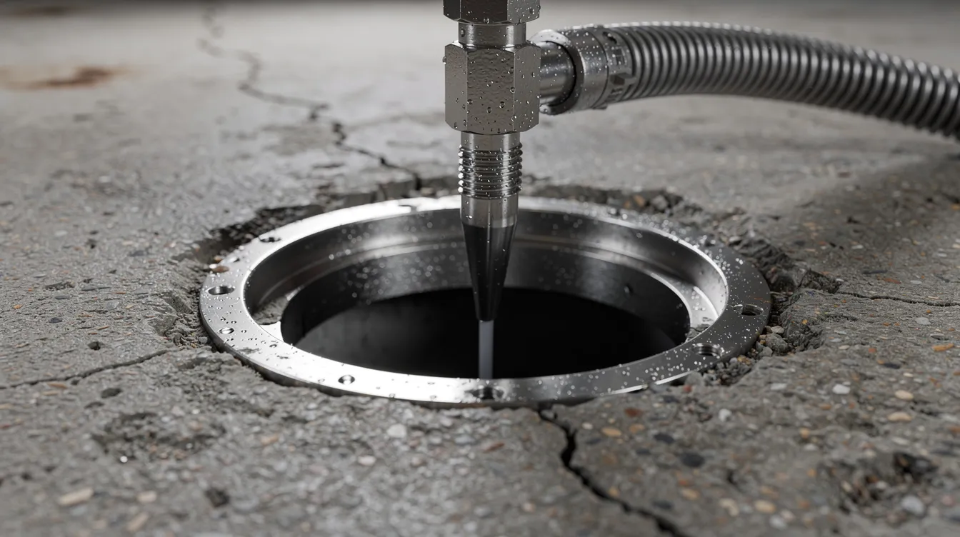 A close-up view of a high-pressure water jet nozzle being inserted into the opening of a concrete cleanout drain pipe, showcasing the essential tools used by local plumbers in drain cleaning services. This image highlights the precision and expertise required to tackle plumbing issues effectively.