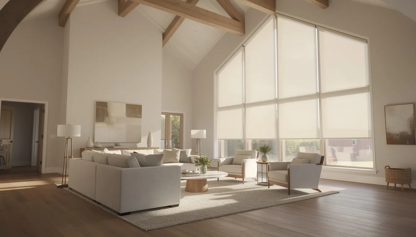 The image depicts an interior view of a great room with a vaulted ceiling, where afternoon sunlight gently filters through solar shades, creating a warm and inviting ambiance. The high ceiling windows emphasize the room's spaciousness, while the beige walls and light filtering window treatments enhance the airy atmosphere.