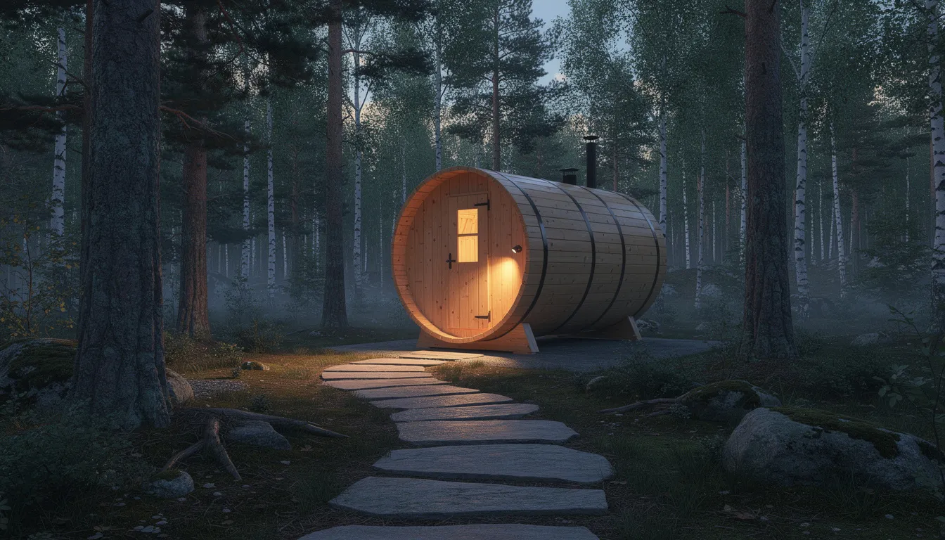 A traditional Finnish barrel sauna is nestled among mature trees, featuring a natural stone pathway leading to it, creating a serene outdoor space ideal for sauna sessions and relaxation. This private sauna retreat captures the essence of sauna culture, offering an authentic sauna experience in a tranquil environment.
