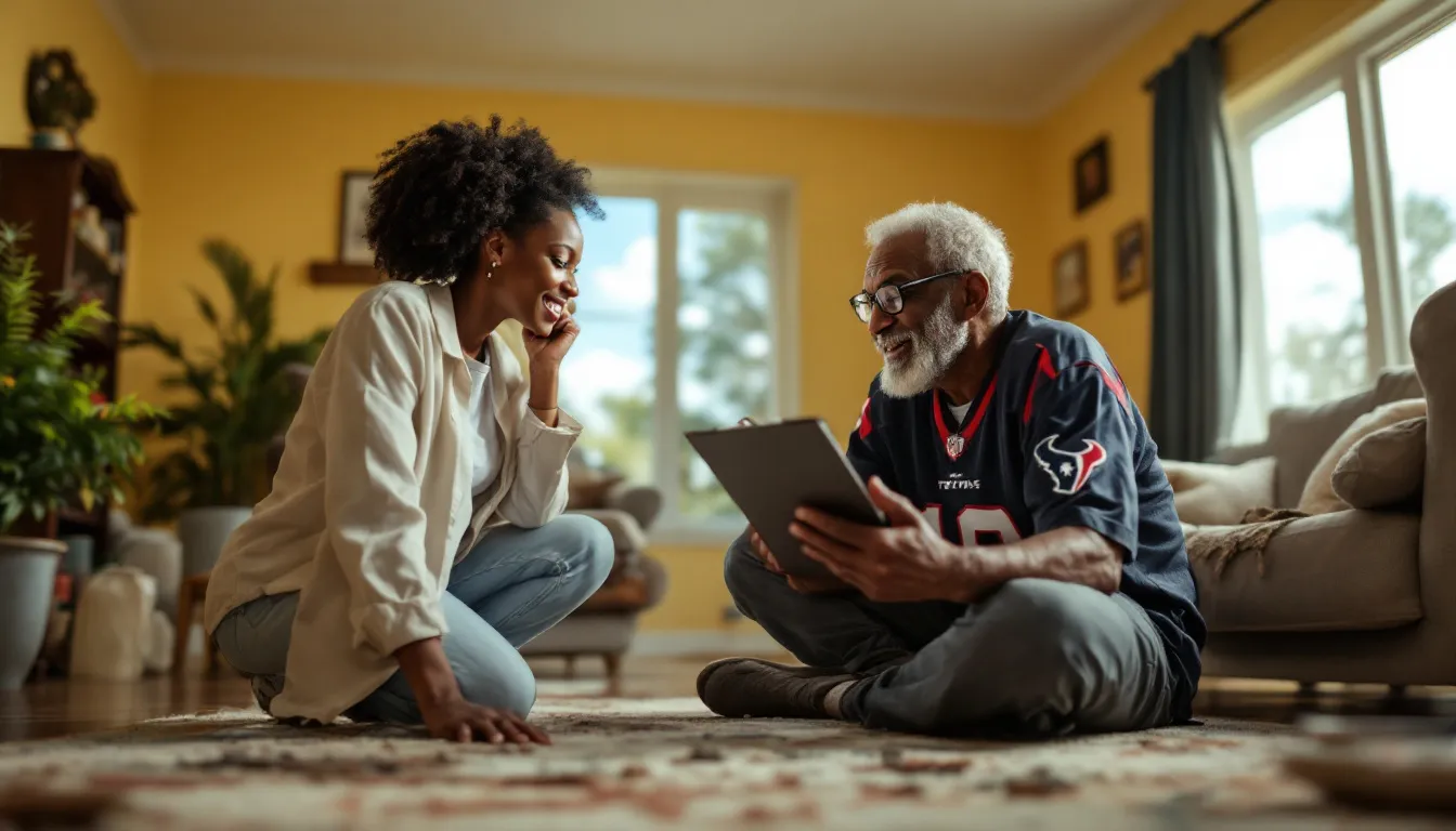 A home safety assessment being conducted by a caregiver to prevent falls.