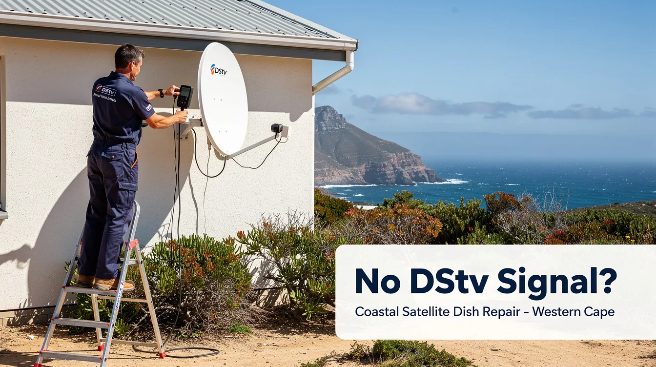 A professional DSTV installer is seen repairing a satellite dish along the coast of the Western Cape, addressing a "No DStv Signal" issue. The technician is adjusting the dish alignment to improve signal strength and resolve complex signal problems caused by adverse weather conditions.