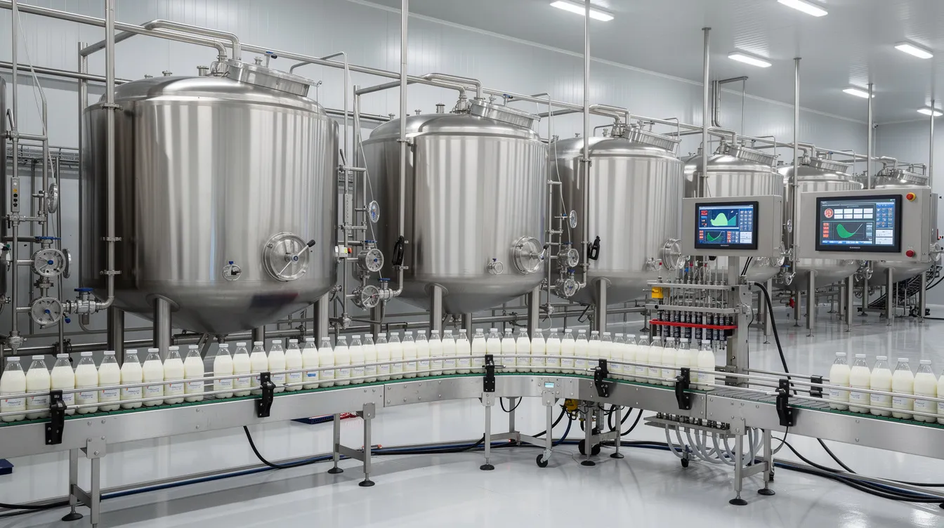 The image depicts industrial dairy processing machinery featuring large stainless steel tanks and automated filling lines, essential for efficient milk processing and production in the dairy industry. This setup highlights the manufacturing process involved in converting raw milk into various dairy products while meeting rising consumer demand.