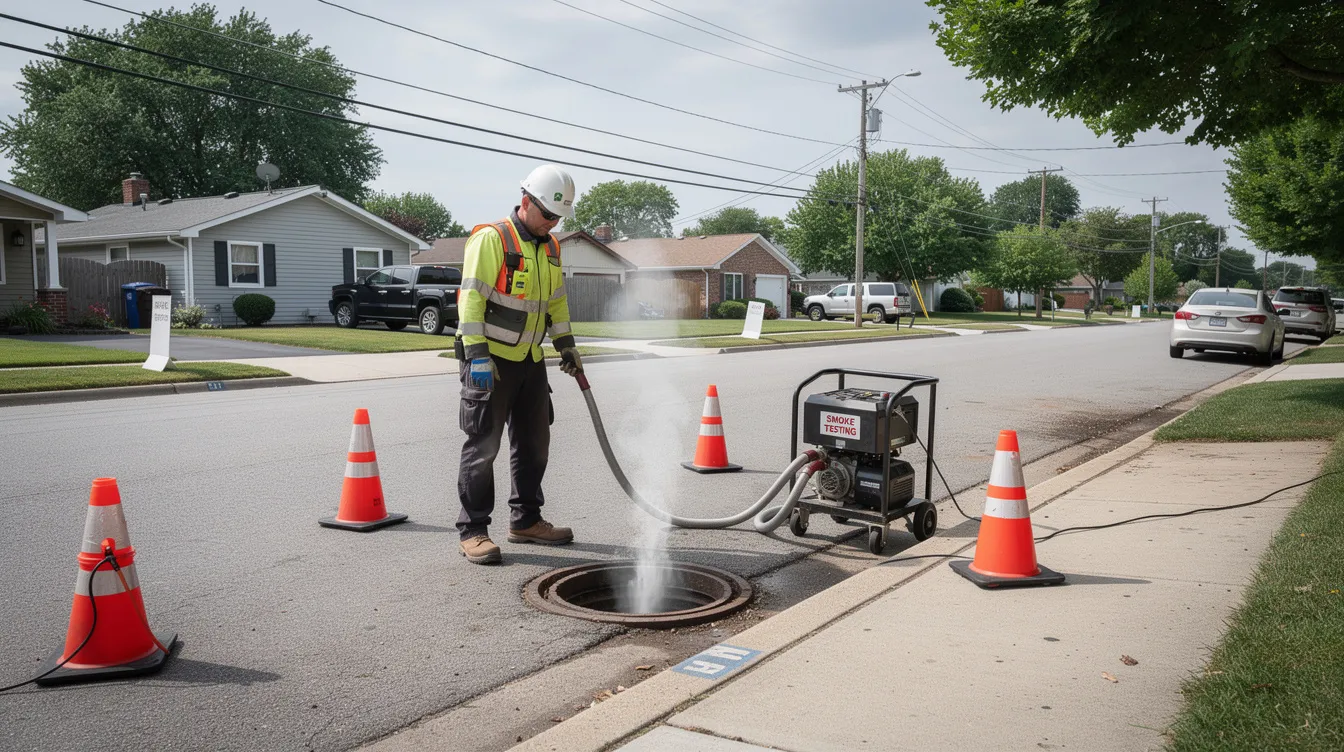 A technician is using a smoke testing machine to inspect a residential sewer manhole on a quiet suburban street, ensuring the integrity of the sewer system by identifying potential leaks in the sewer pipes. The setup includes a pressure gauge to monitor the test pressure during the leakage test.