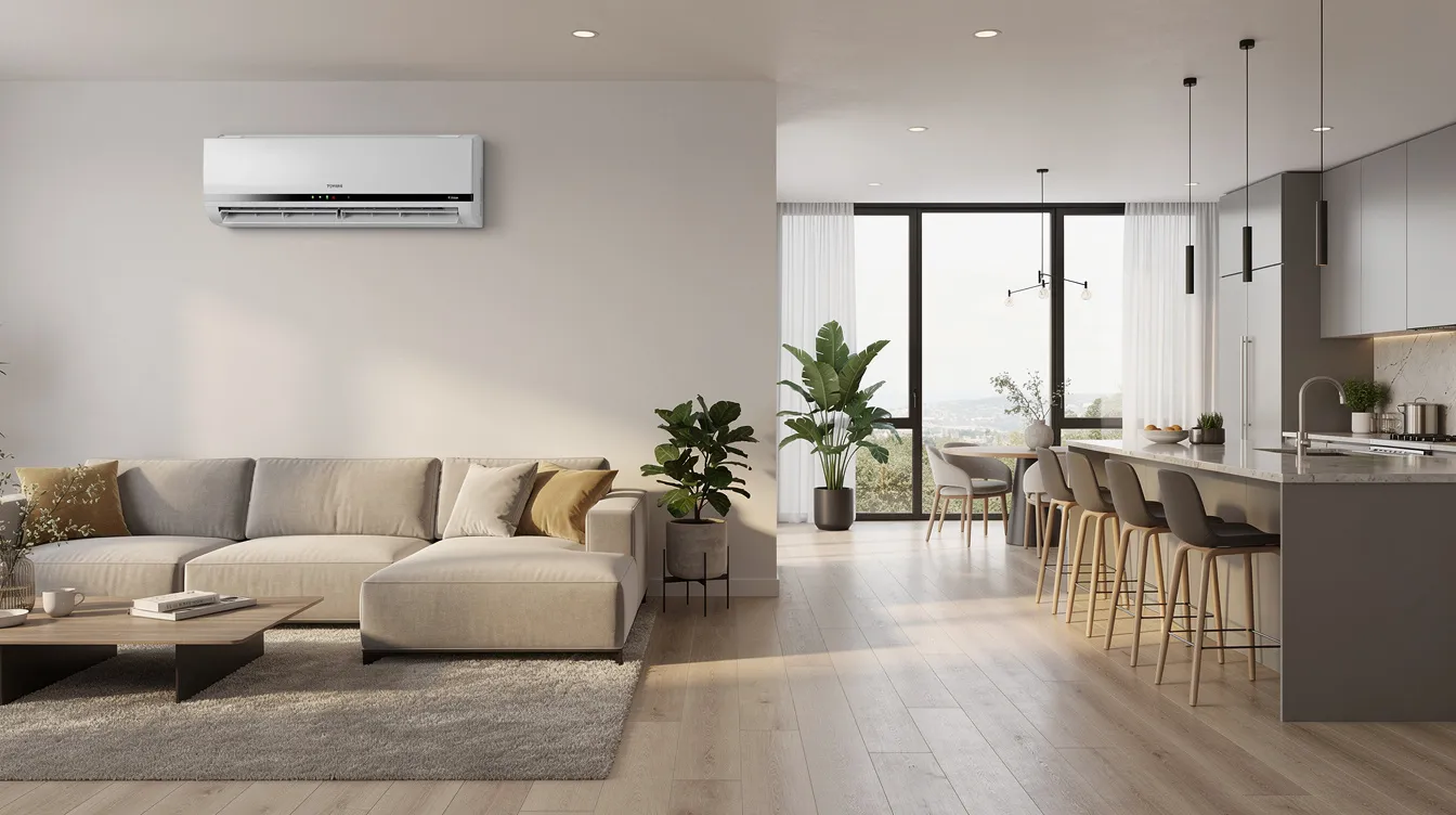 The image depicts a spacious open-plan living and kitchen area featuring a wall-mounted split air conditioner, which is designed to provide efficient cooling and heating. The unit, likely a 24,000 BTU model, is positioned to enhance indoor comfort while blending seamlessly with the modern decor of the room.