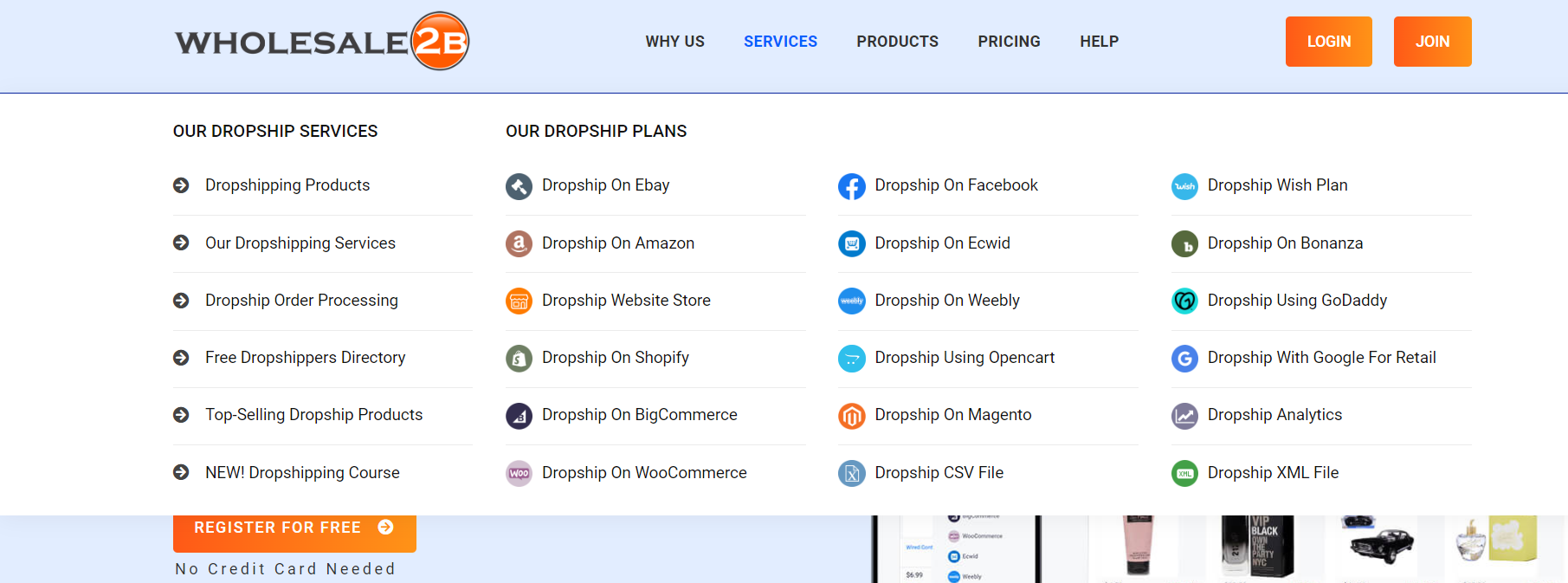 Wholeale2B navigation doesn't yet show the new dropshipping integration or service.