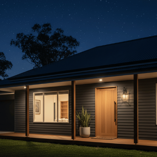 Wall-mounted lantern with motion sensor beside a front door at night.