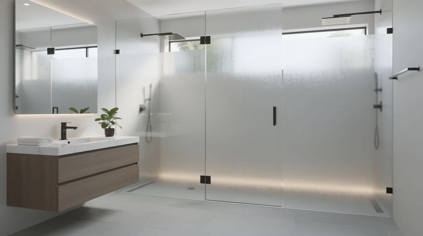 The image depicts a residential bathroom featuring a frosted smart glass shower enclosure that offers instant privacy, allowing natural light to filter through while maintaining a sense of seclusion. This modern design utilizes advanced technology to create a serene and stylish space.