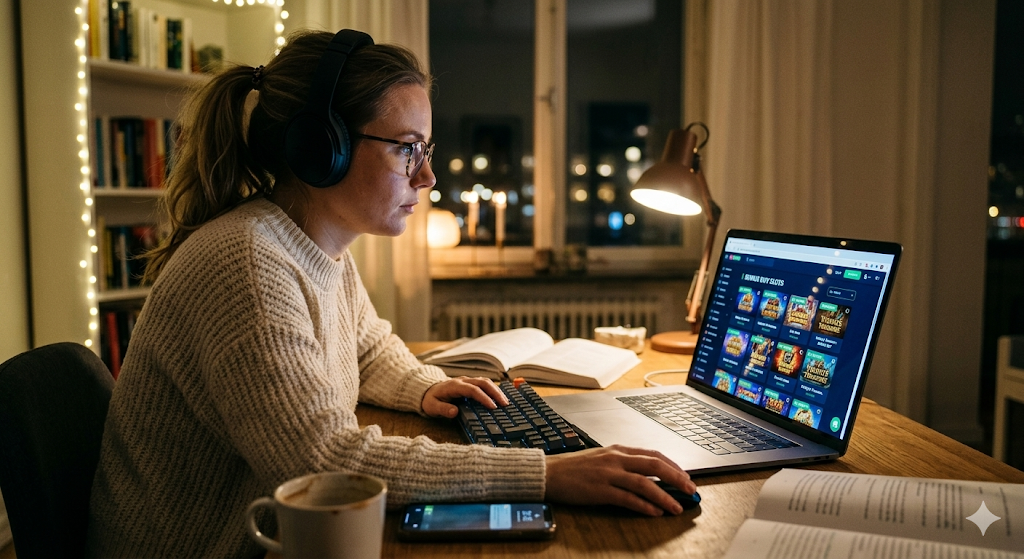 Spelare spelar slots online på kvällen med laptop och hörlurar
