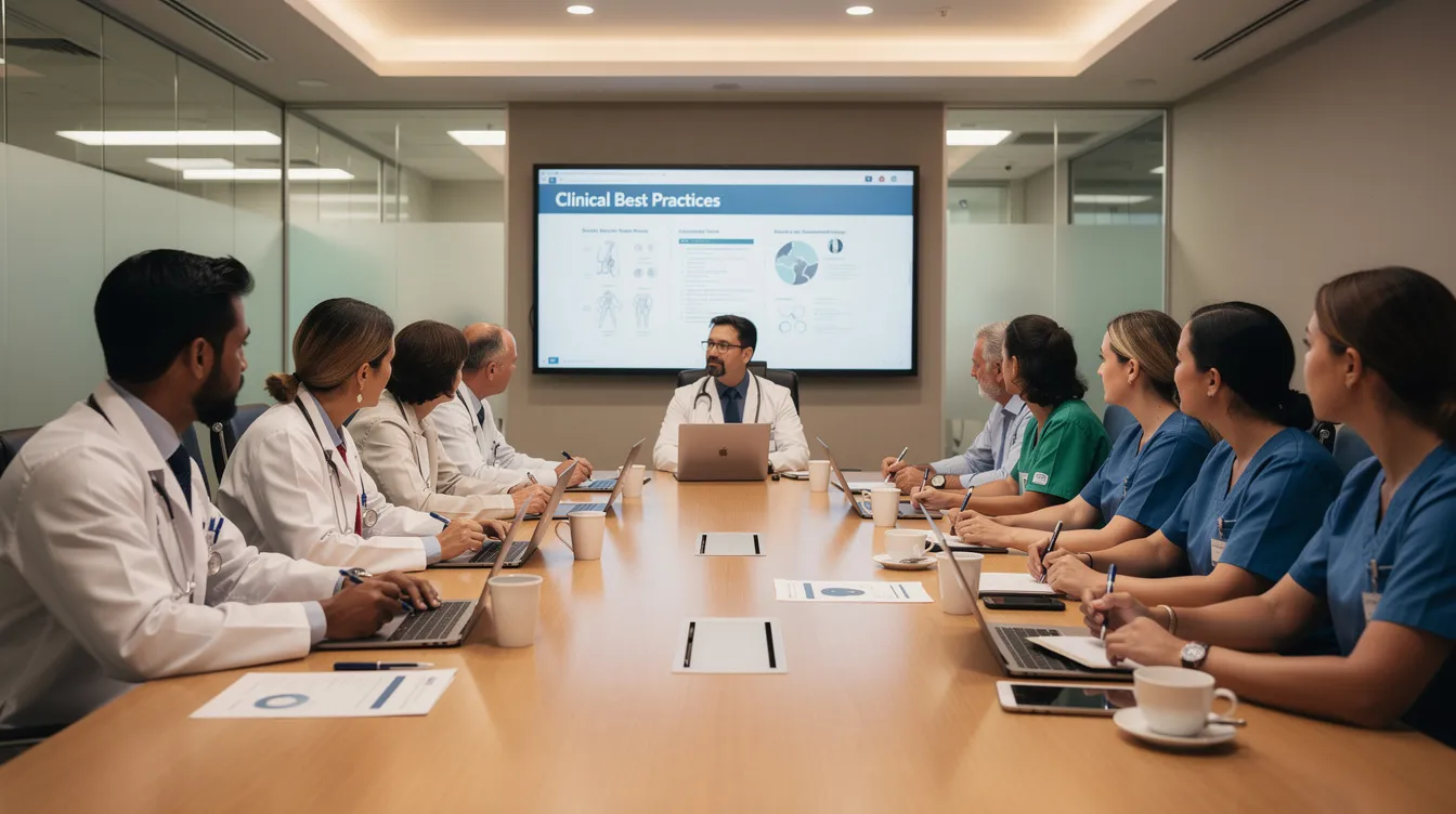 A group of clinicians is gathered around a table engaged in a professional learning session focused on clinical supervision and continuing education. They are discussing resources and sharing knowledge to enhance their skills and promote professional development in their practice.