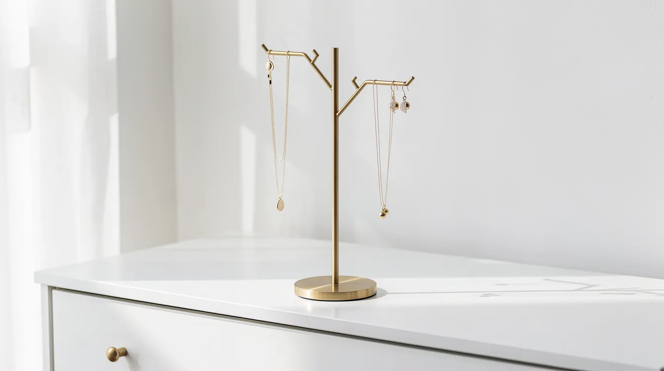 En elegant smyckesställ i metall står på en vit byrå, dekorerad med olika halsband och örhängen. Den snygga och praktiska designen gör det enkelt att hålla ordning på smycken av olika typer, som armband och ringar.