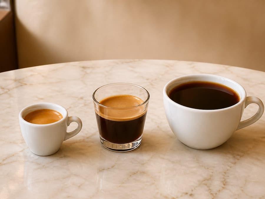 Espresso, lungo, and Americano shown side by side in progressively larger cups