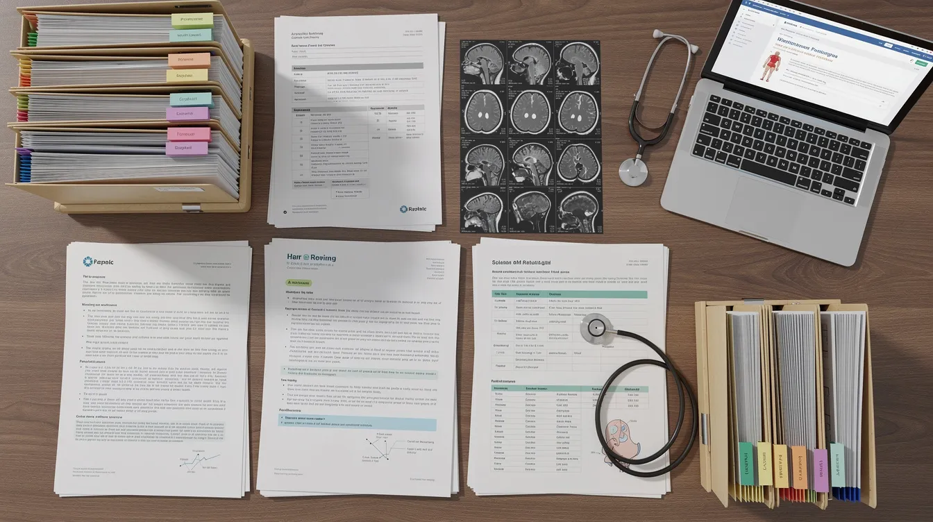 The image shows an organized professional desk filled with detailed medical records, including imaging scans and pathology documents, which may be used to provide medical evidence for disability benefits applications. This arrangement reflects the importance of careful documentation in the process of seeking assistance from the Social Security Administration for conditions such as early onset Alzheimer's disease or other severe disabilities.