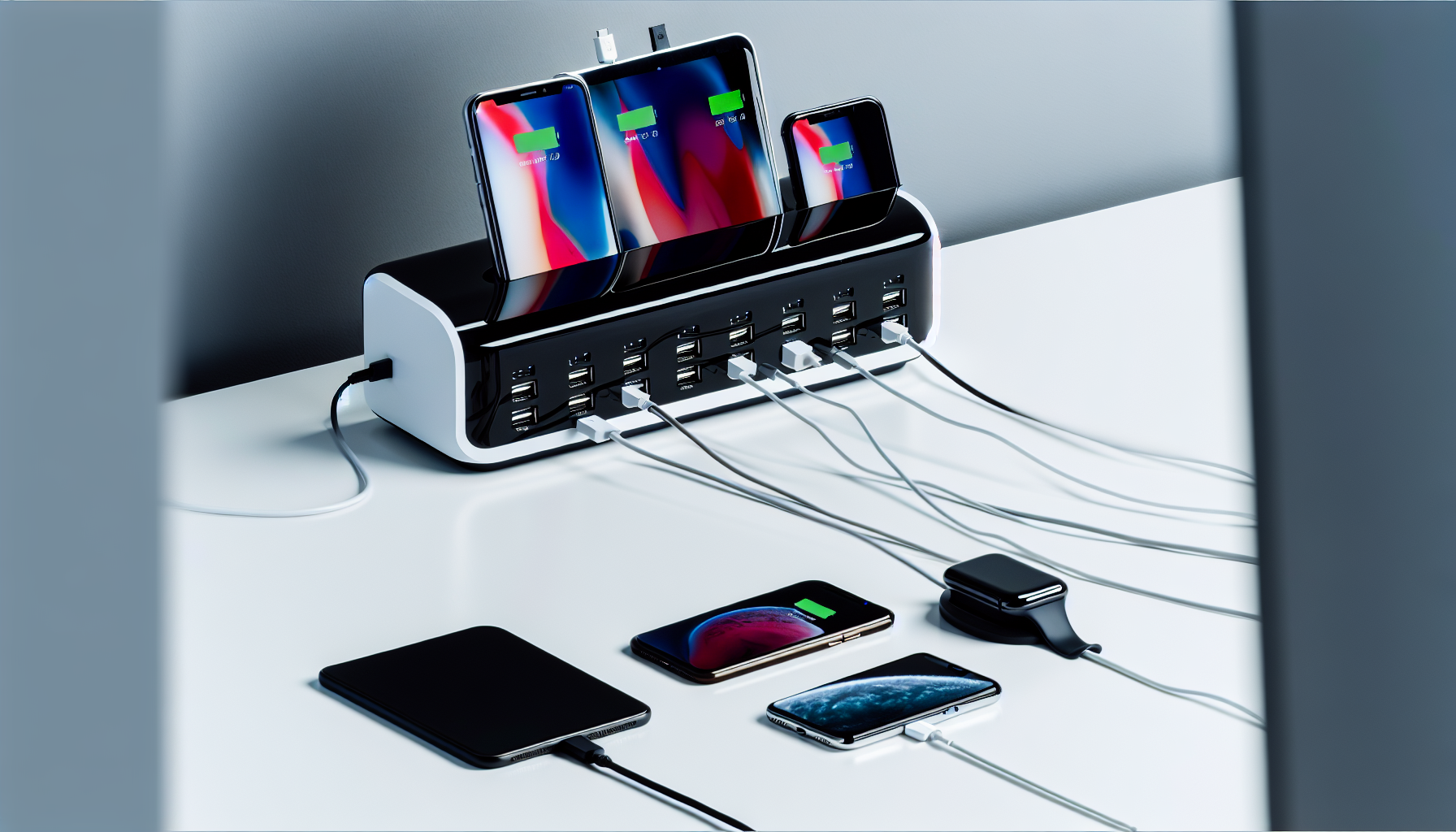 A top view of a multi-port USB charging station with various devices connected