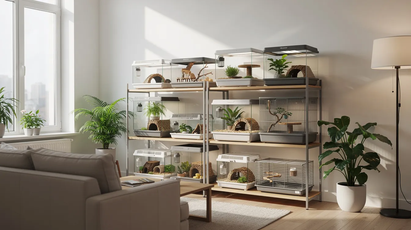 The image features a modern apartment with neatly arranged shelving displaying various small pet enclosures, including habitats for guinea pigs, hermit crabs, and aquatic frogs, making it an ideal setup for apartment dwellers seeking low maintenance pets. Each enclosure is designed to provide enough space and comfort for these fascinating and great pets, showcasing the perfect blend of style and functionality in pet care.