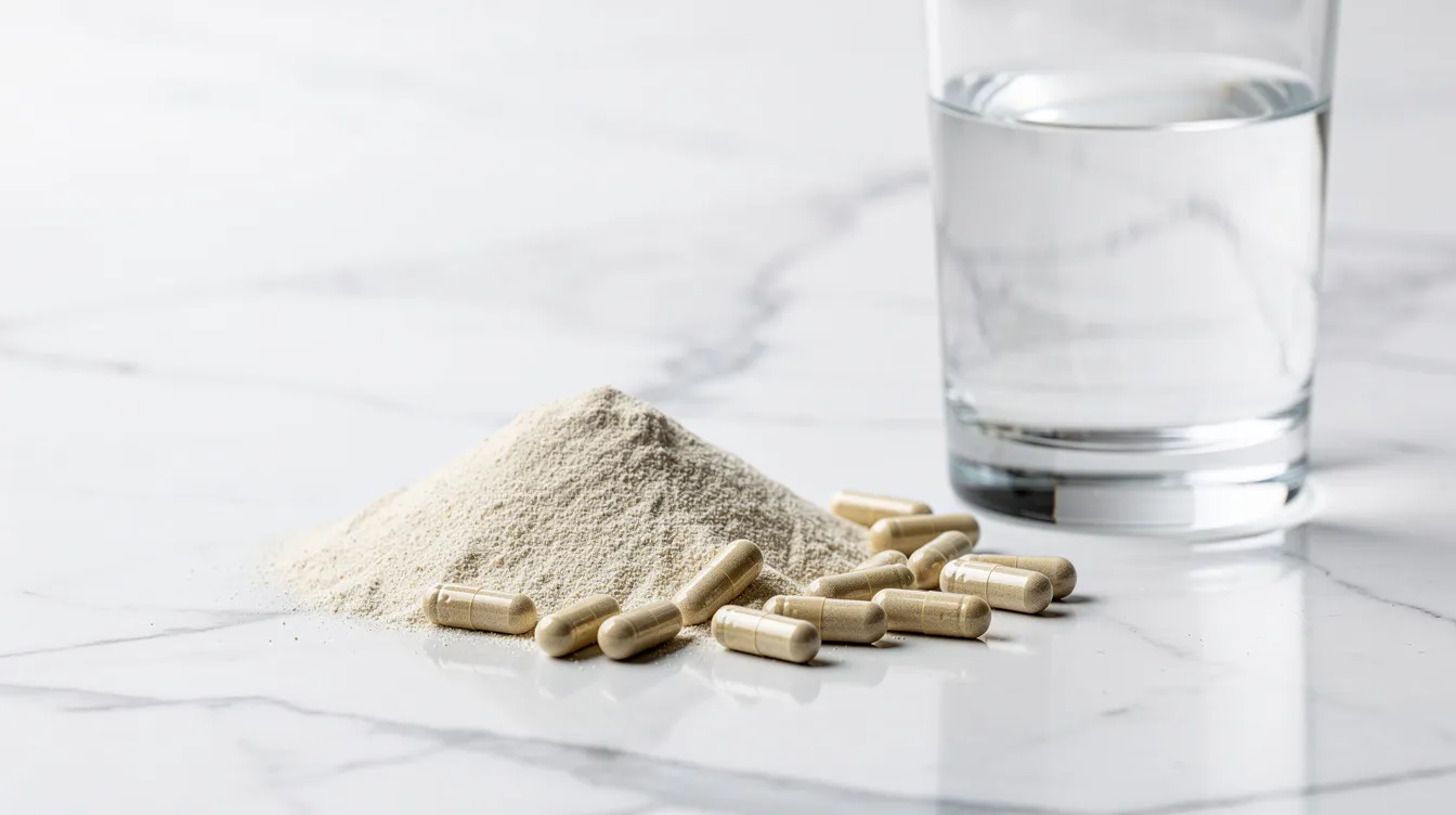 The image features an assortment of dietary supplements, including capsules and powder, neatly arranged on a clean marble surface beside a glass of water, emphasizing options for supporting brain health and cognitive function. This setup suggests a focus on improving memory and mental performance through the use of brain health supplements.