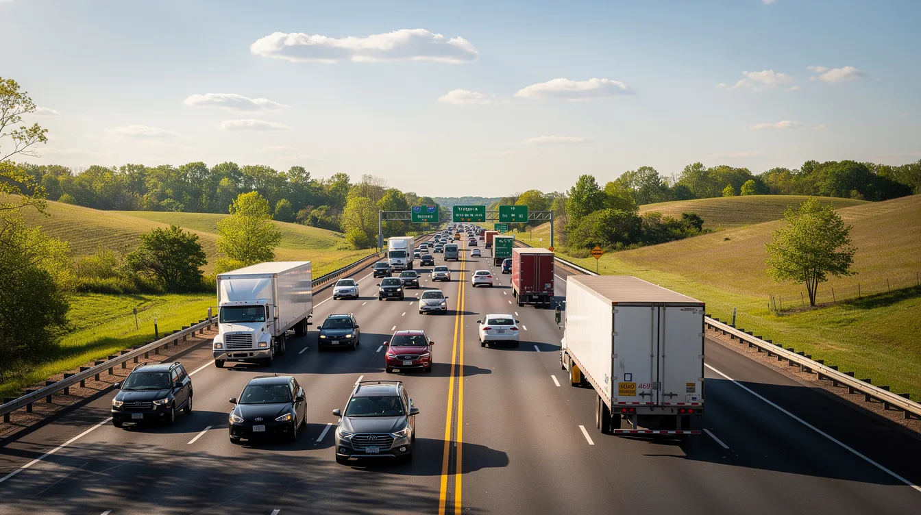 The image depicts a busy Virginia highway under a clear blue sky, with various cars and trucks traveling along the road. This scene highlights the importance of safe driving to prevent car accidents and protect accident victims, emphasizing the need for experienced personal injury lawyers to assist with any personal injury claims that may arise.
